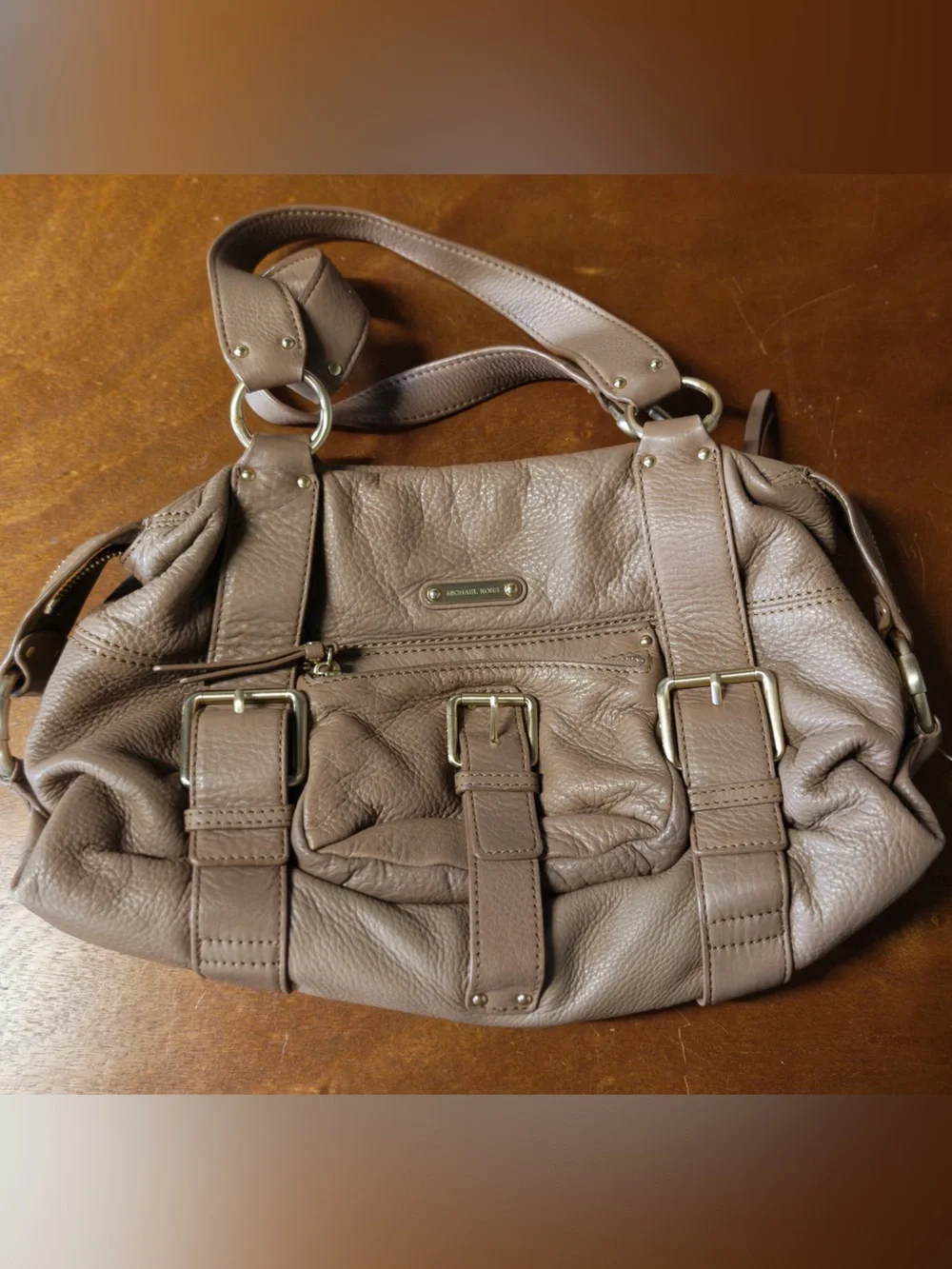 Michael Kors Taupe Leather Shoulder Bag with Buckle Accents
